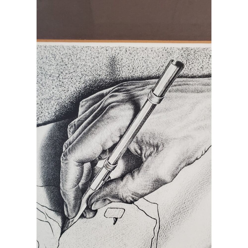 M C Escher Framed Matted Print “Drawing Hands” Authentic Vintage 14 x 14 - Picture 2 of 4